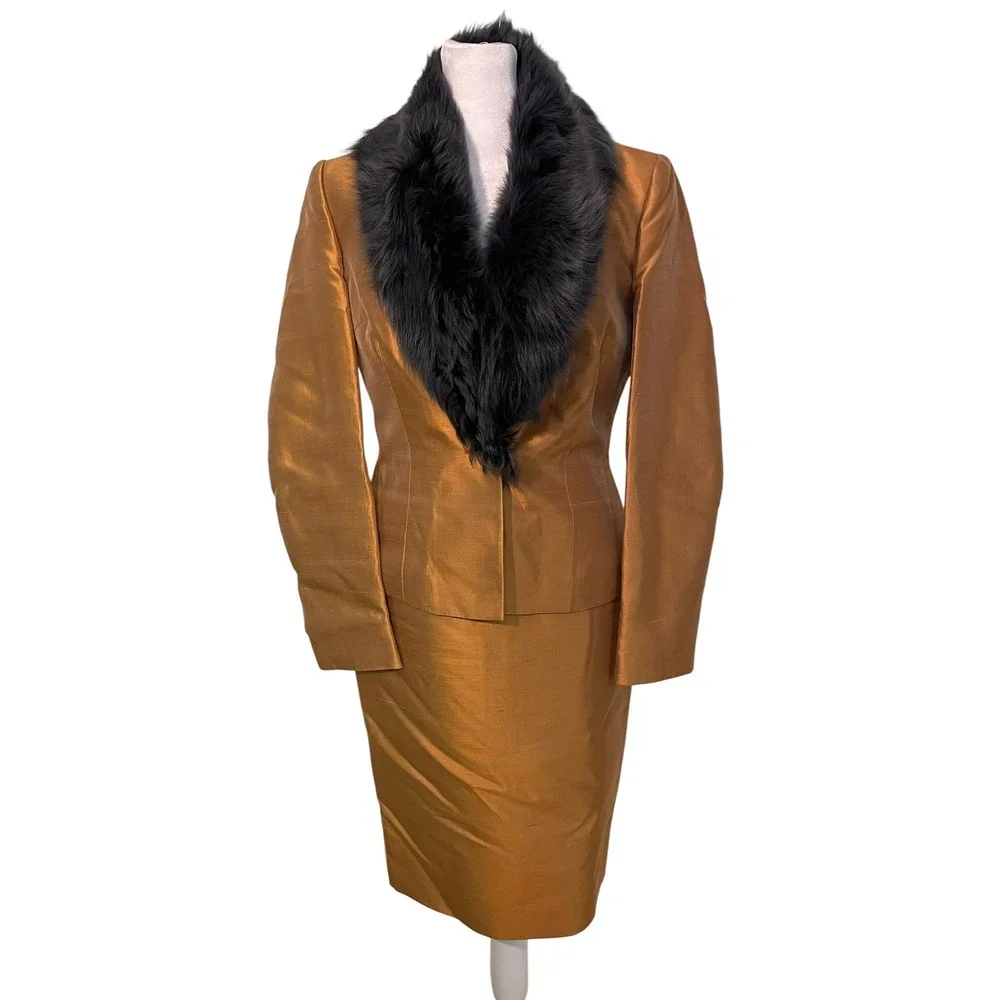 Vtg Luca Luca 3pc Silk Shantung Skirt Suit Set Copper Faux Fur Collar Hollywood